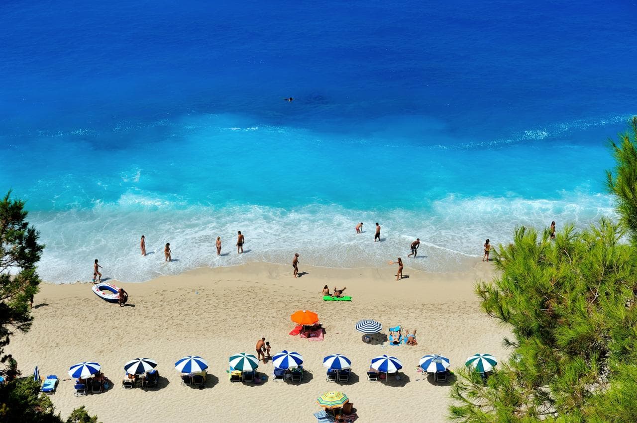 Clear blue water and beach umbrellas